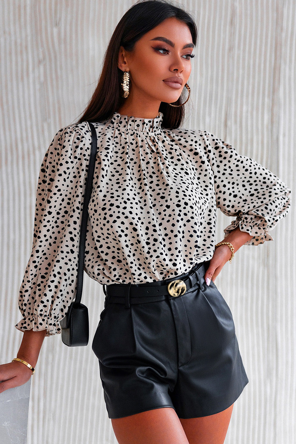 Frilled Neck 3/4 Sleeves Cheetah Blouse