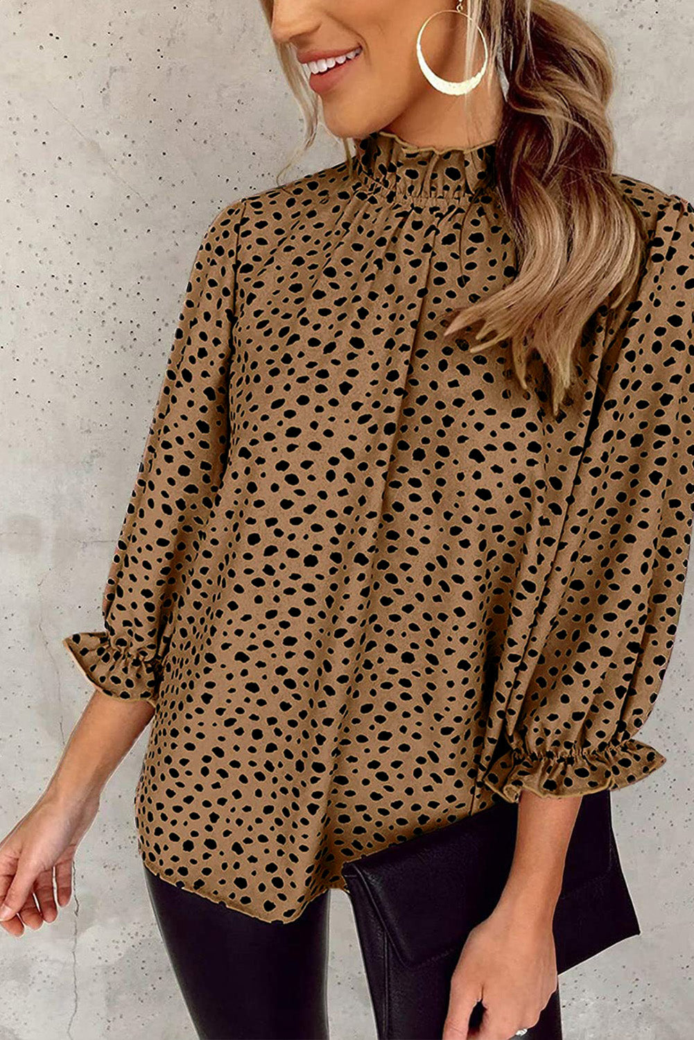 Frilled Neck 3/4 Sleeves Cheetah Blouse