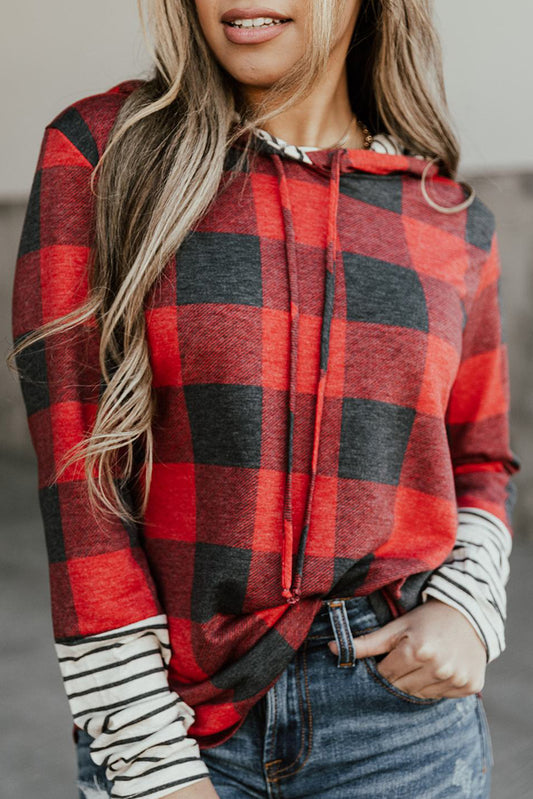 Red Plaid Striped Patchwork Drawstring Hoodie