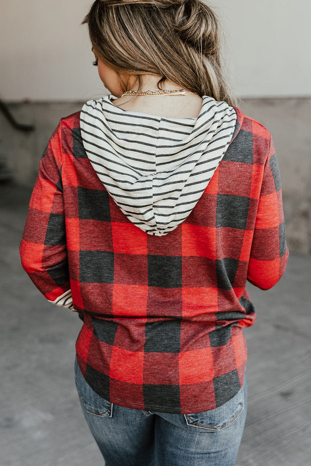 Red Christmas Plaid Striped Patchwork Drawstring Hoodie