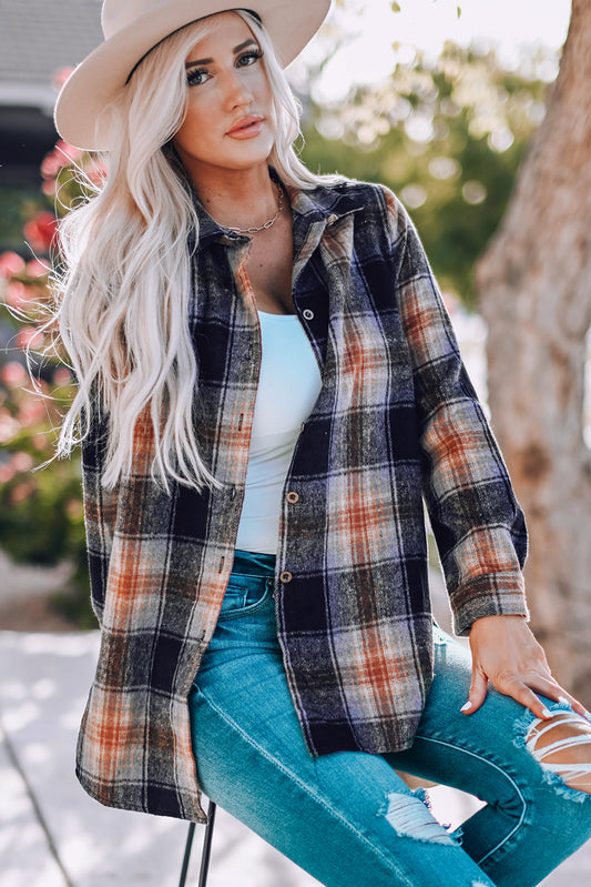 Oversize Rounded Hem Plaid Shirt with Slits