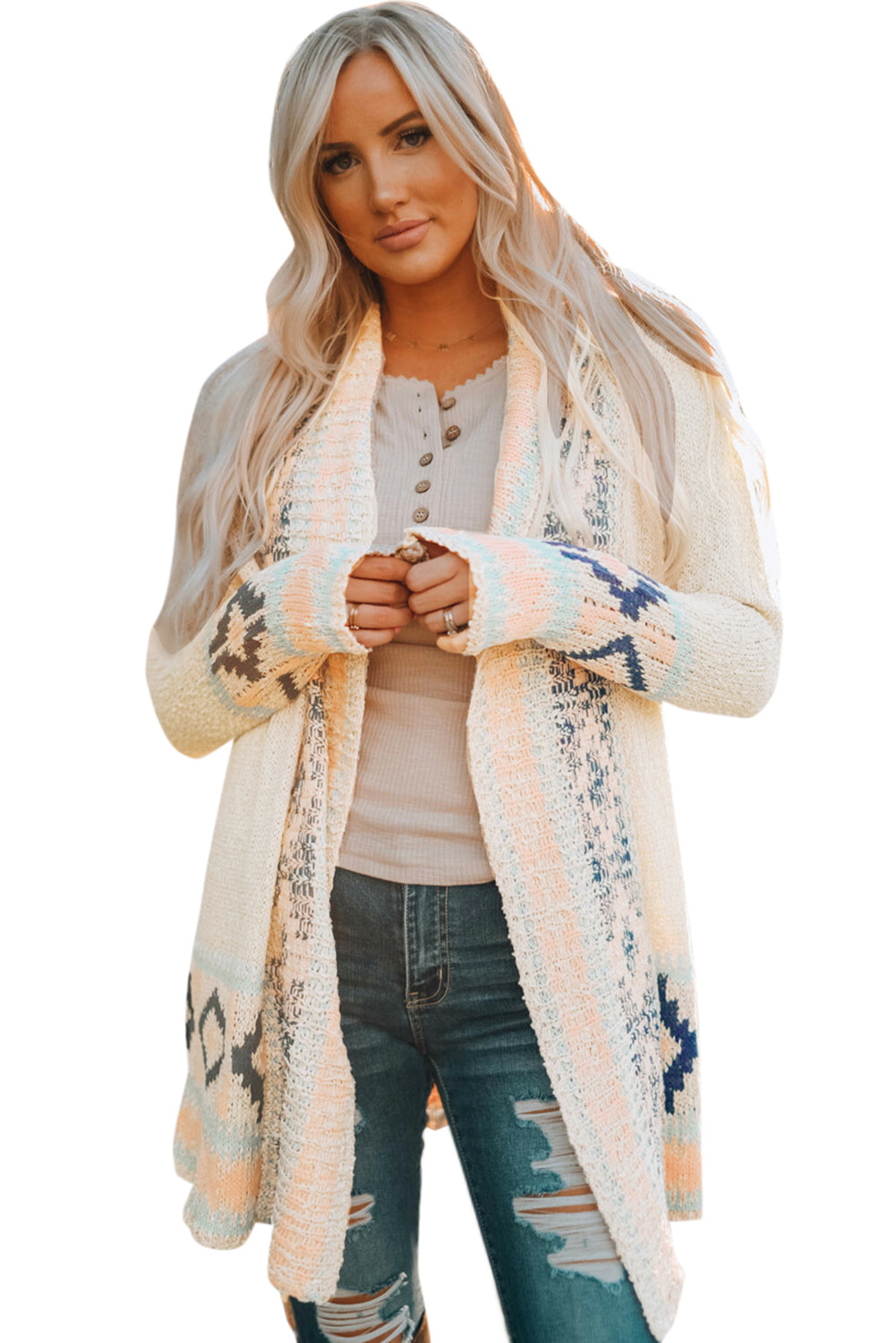 Apricot Aztec Print Open Front Cardigan