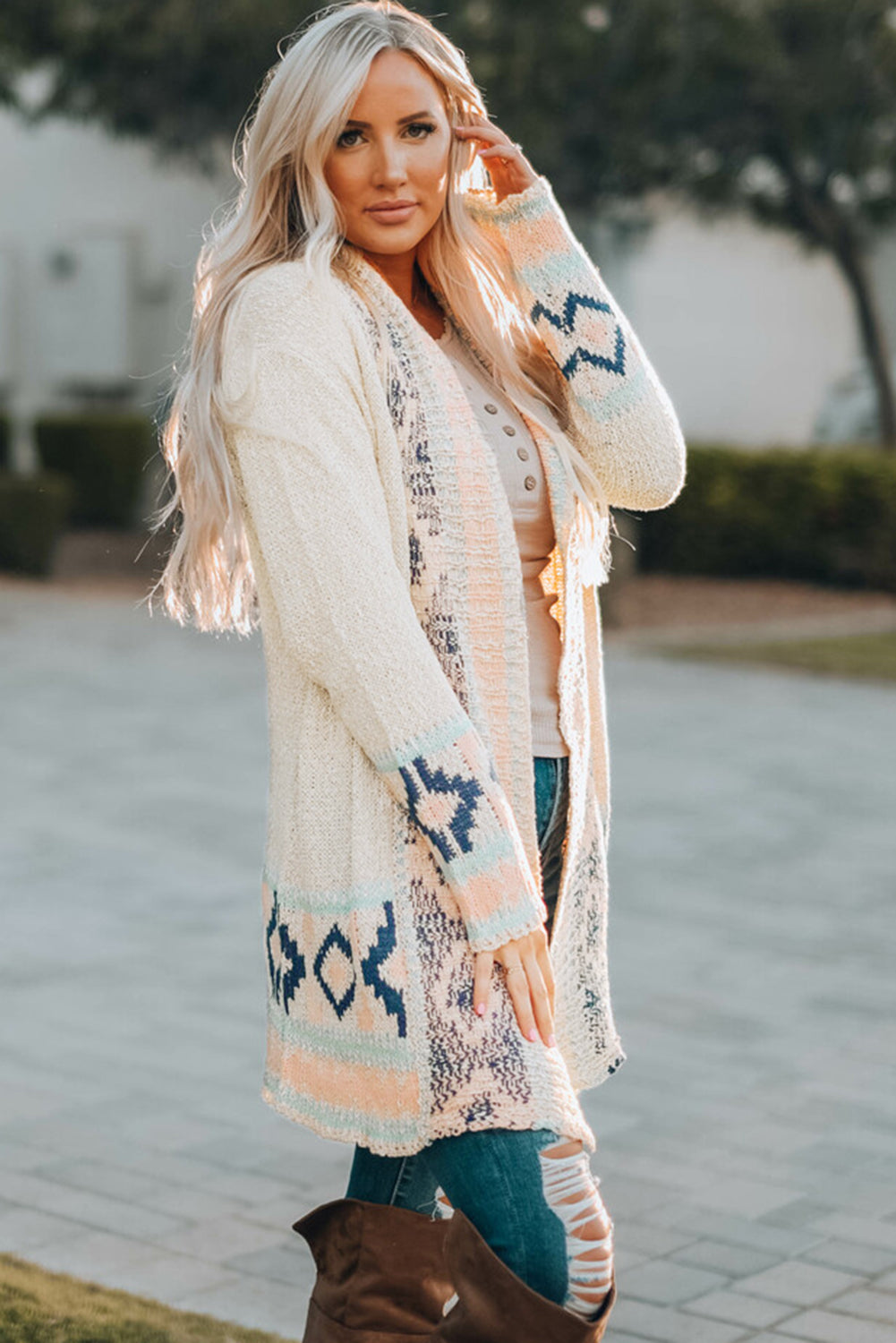 Apricot Aztec Print Open Front Cardigan