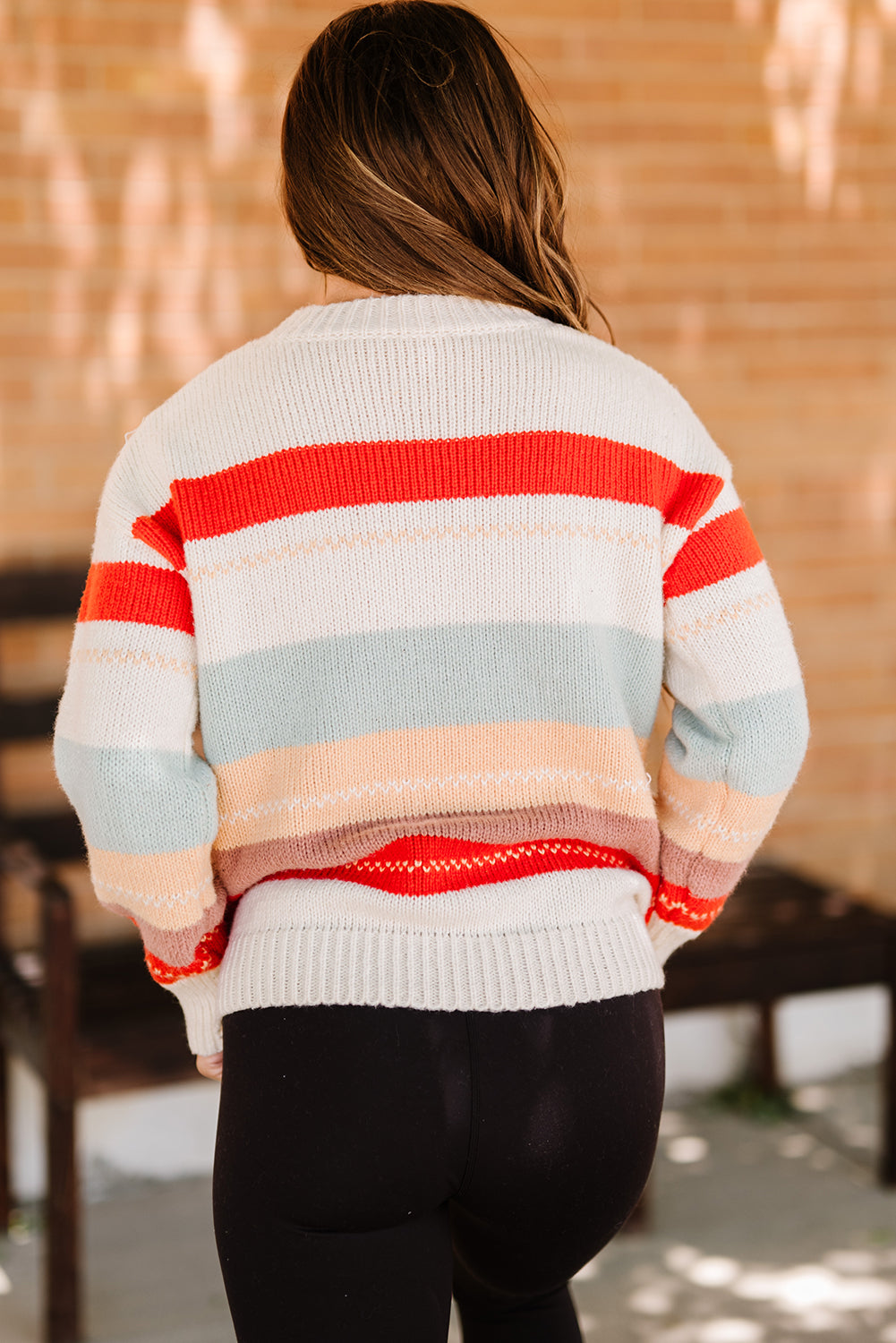 Crew Neck Drop-shoulder Striped Color Block Sweater