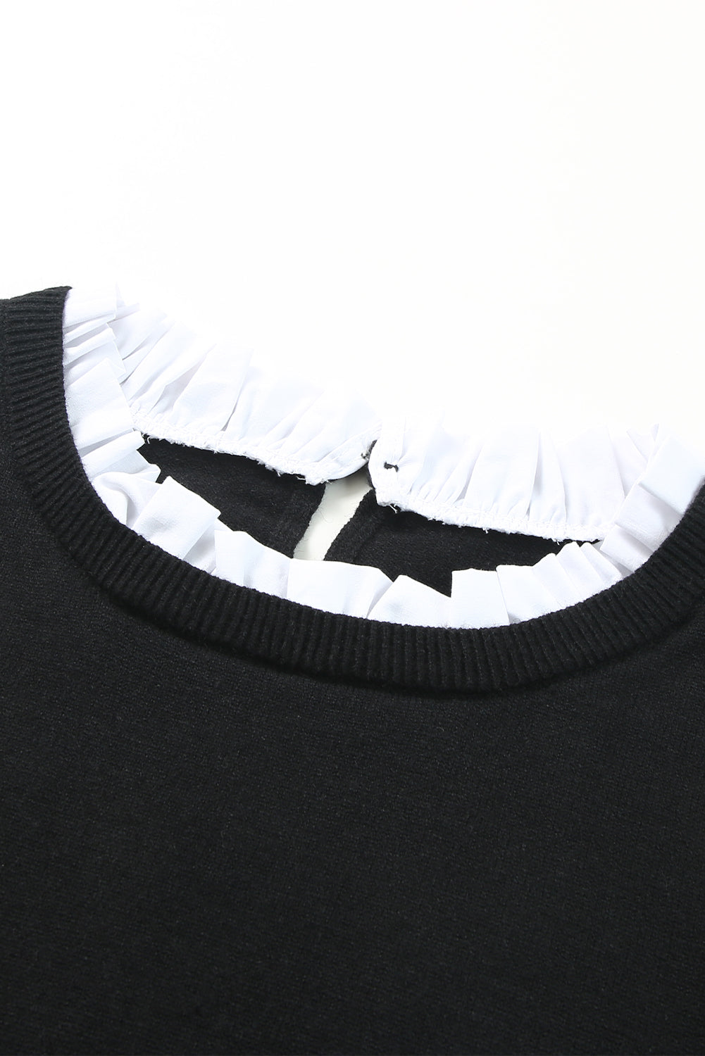 Black Solid Ruffled Crew Neck Knit Sweater