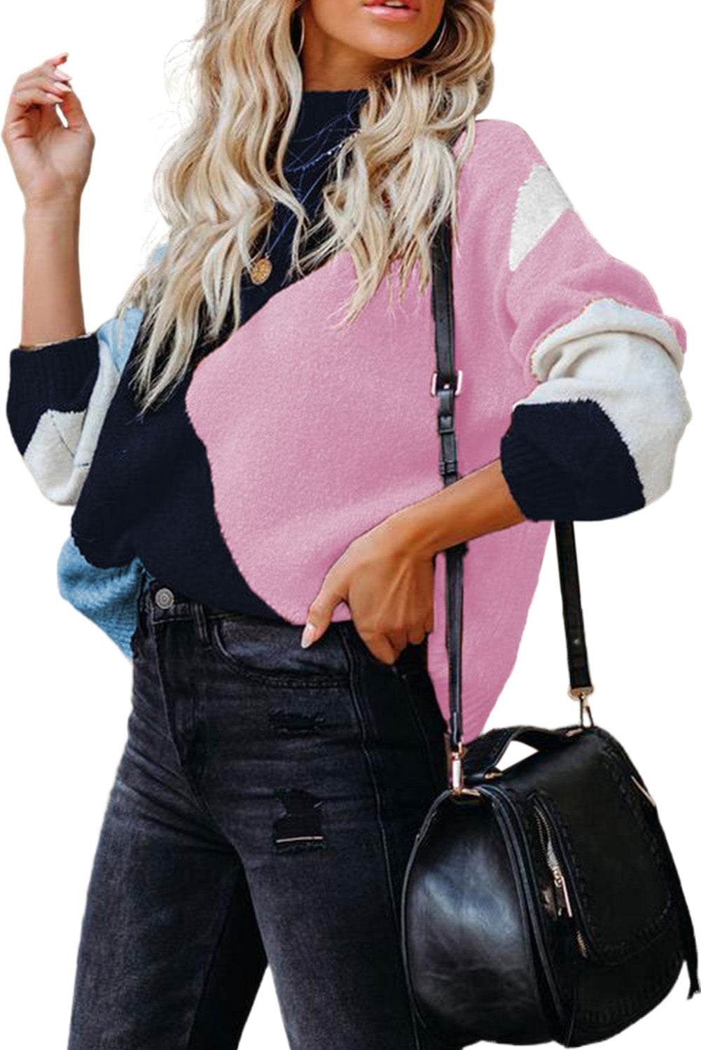 Color Block Mock Neck Drop Shoulder Knit Sweater