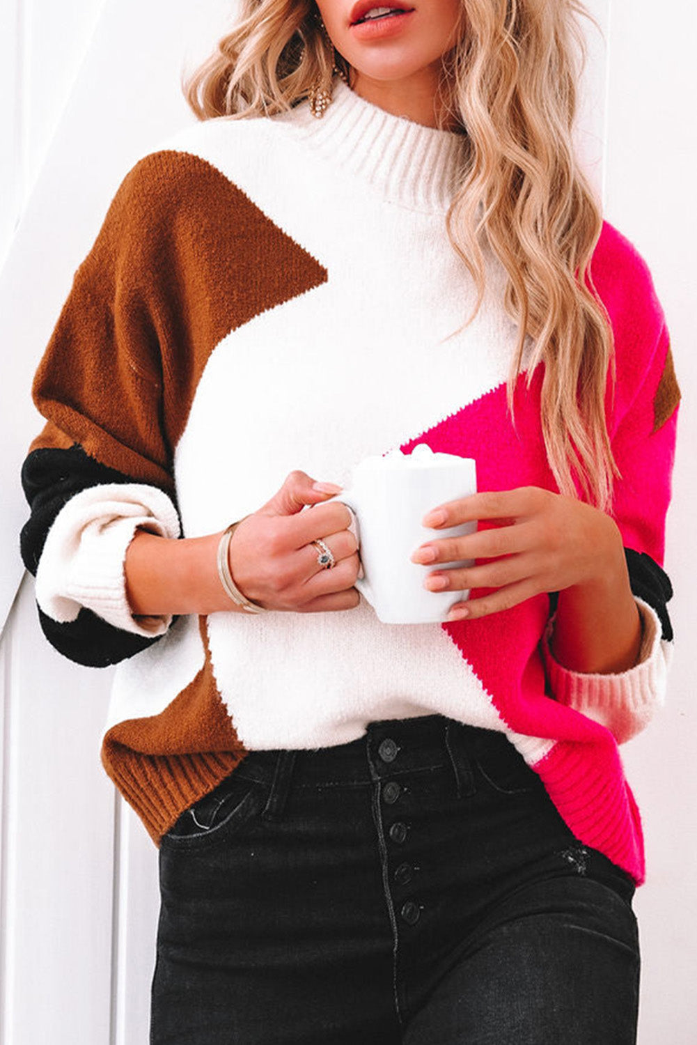 Color Block Mock Neck Drop Shoulder Knit Sweater