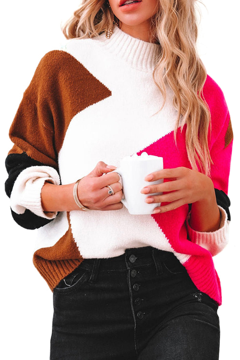 Color Block Mock Neck Drop Shoulder Knit Sweater