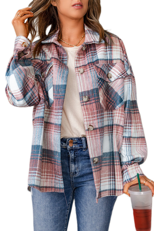 Pink Plaid Flap Pockets Shacket