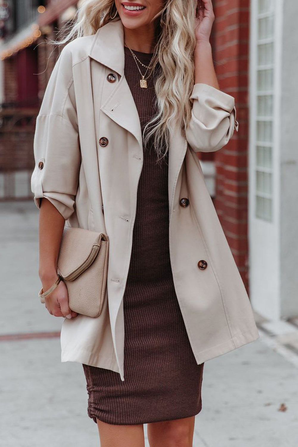 Beige Lapel Collar Pocketed Buttoned Trench Coat