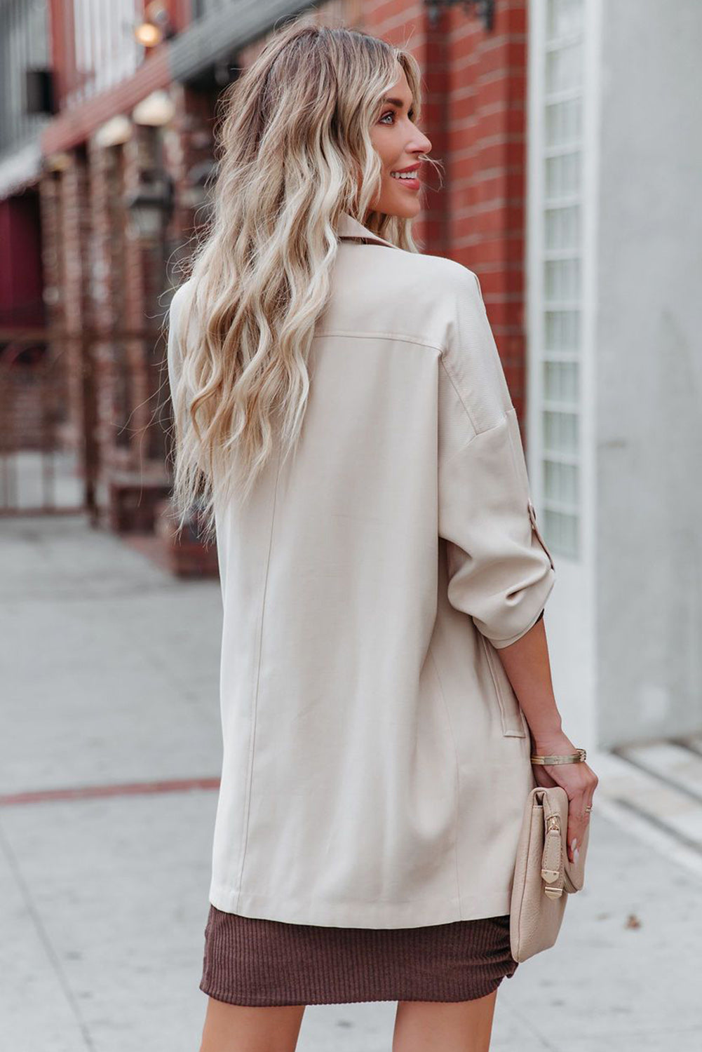 Beige Lapel Collar Pocketed Buttoned Trench Coat