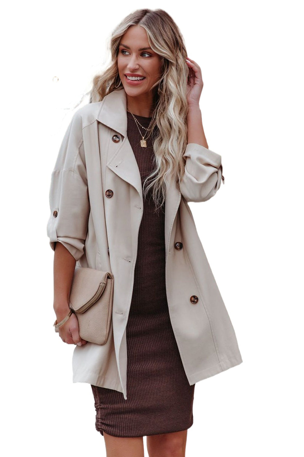 Beige Lapel Collar Pocketed Buttoned Trench Coat