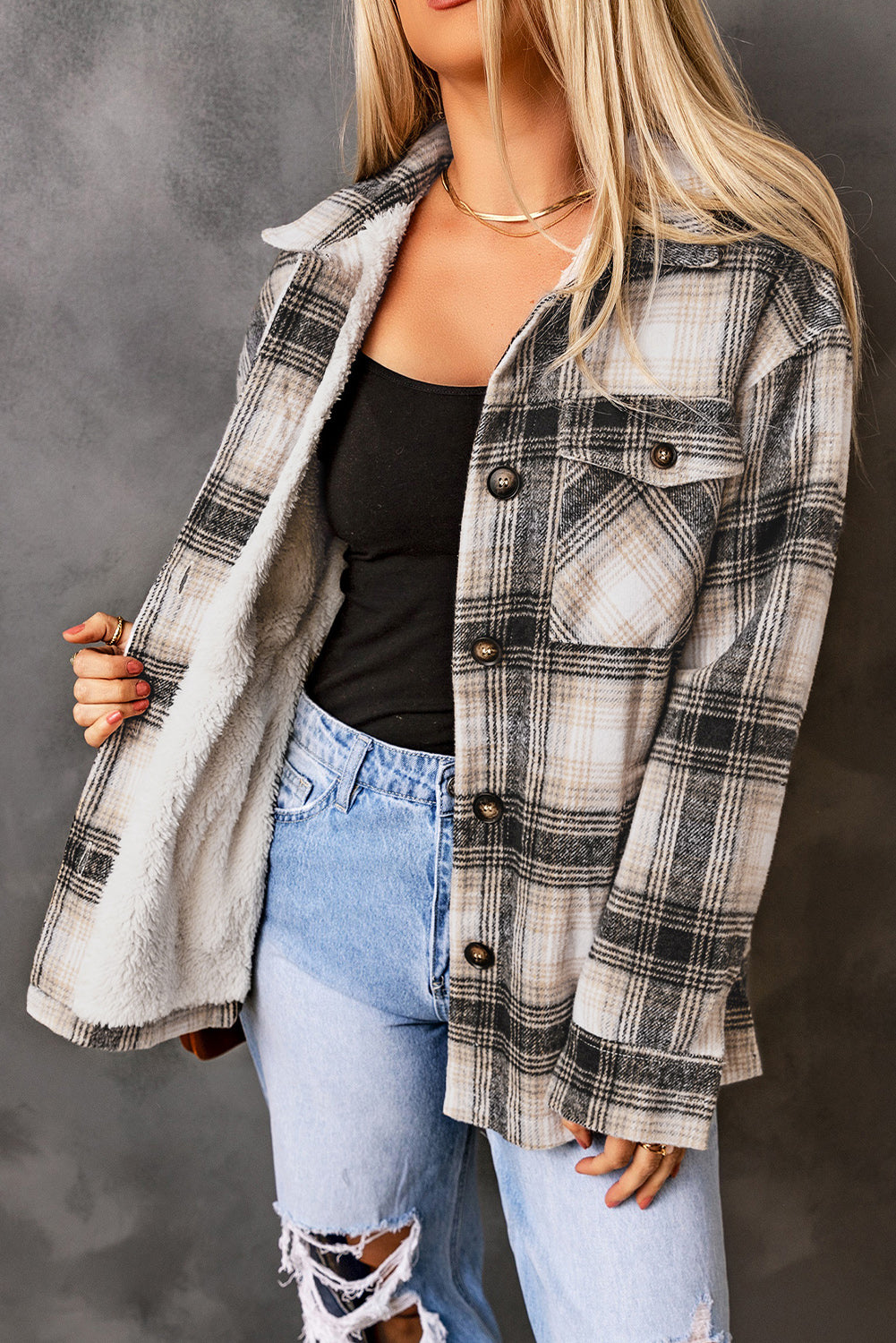 Black Vintage Plaid Fleece Lining Jacket