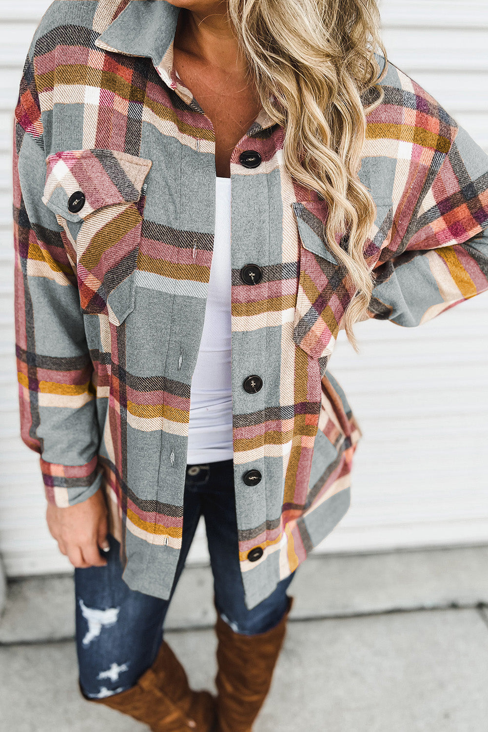 Chest Pockets Buttoned Oversized Plaid Shacket