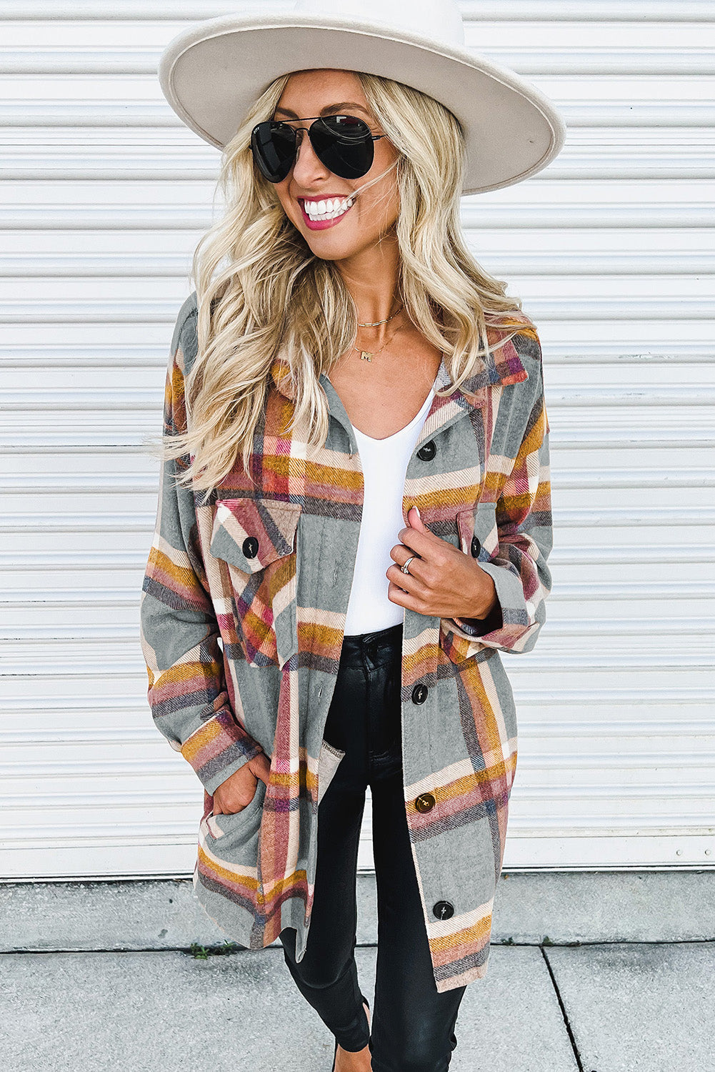 Chest Pockets Buttoned Oversized Plaid Shacket