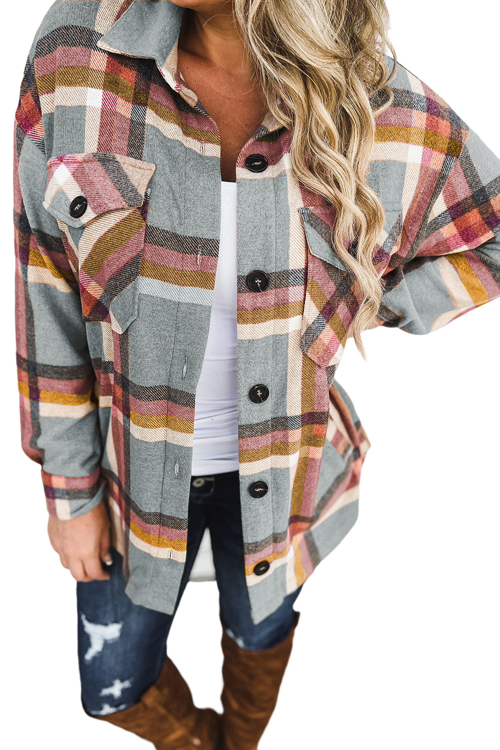 Chest Pockets Buttoned Oversized Plaid Shacket