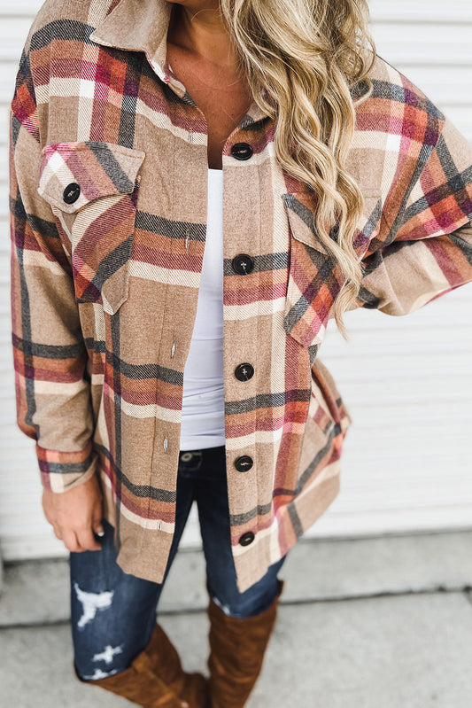 Chest Pockets Buttoned Oversized Plaid Shacket