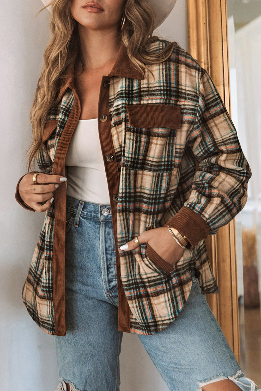 Brown Splice Corduroy Plaid Shacket