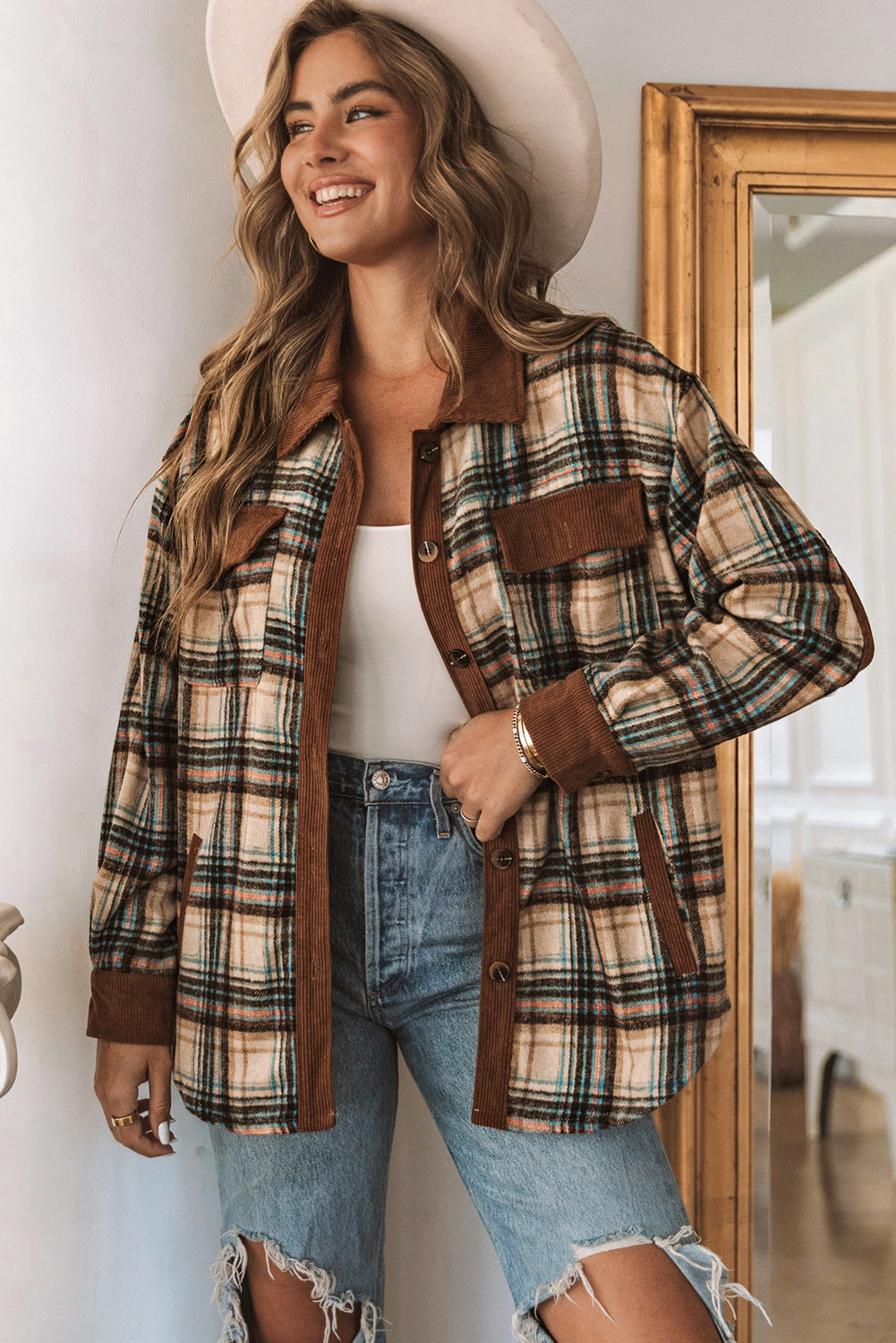 Brown Splice Corduroy Plaid Shacket