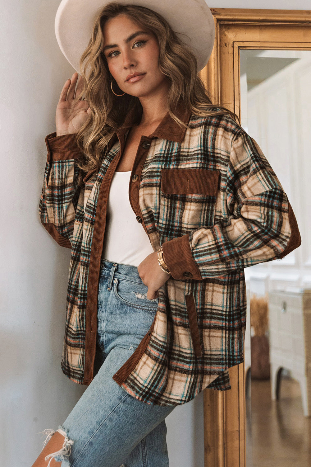 Brown Splice Corduroy Plaid Shacket