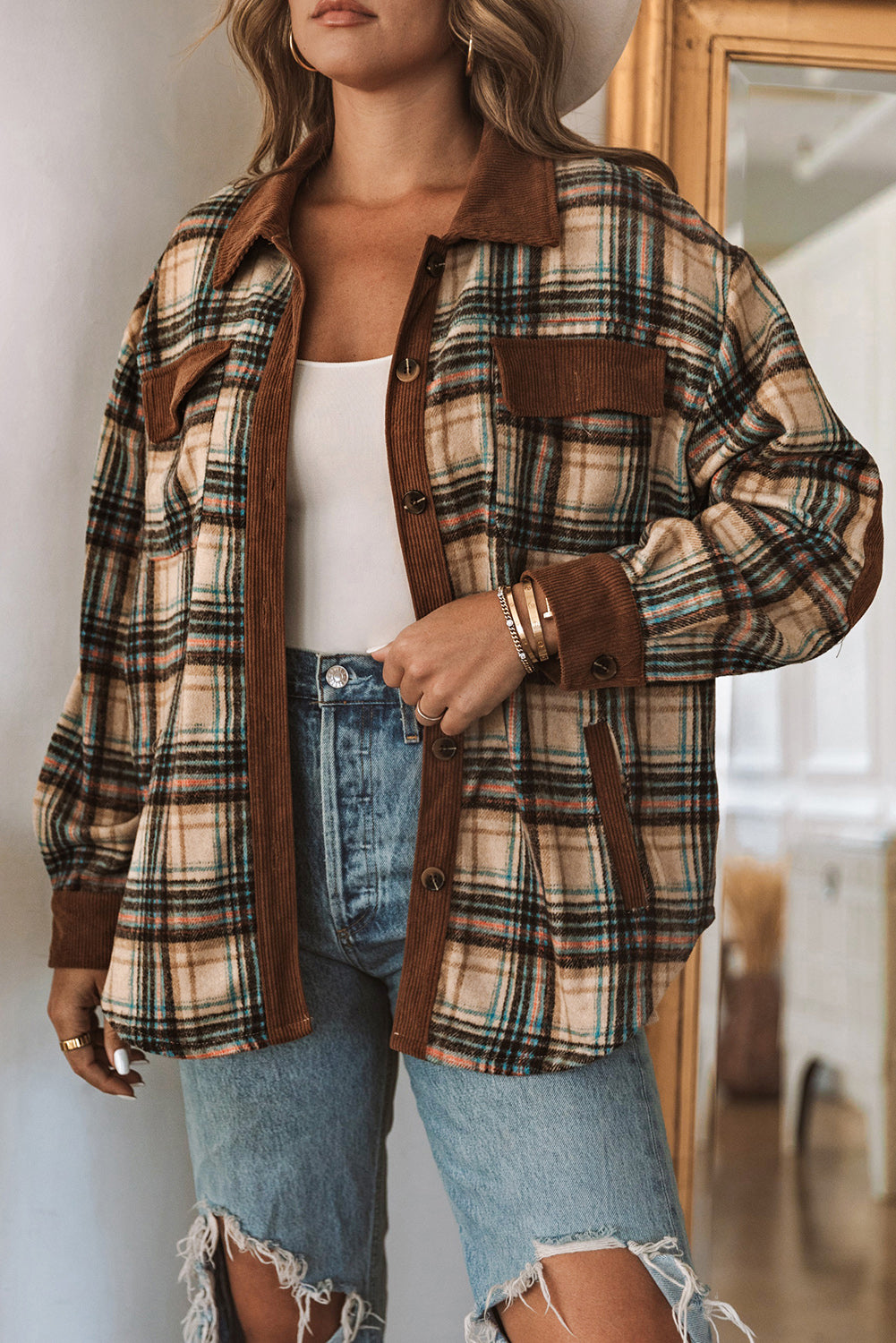 Brown Splice Corduroy Plaid Shacket