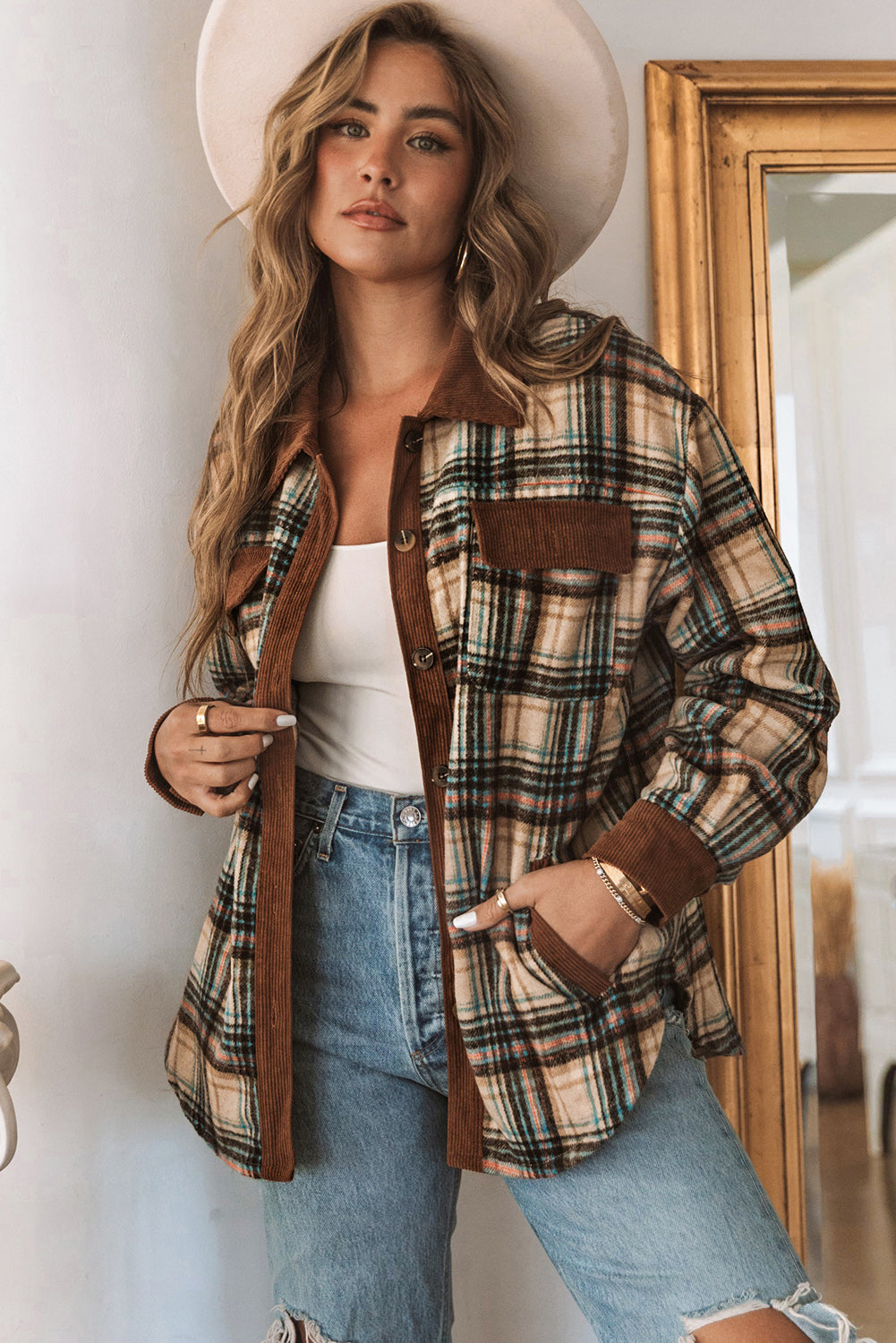 Brown Splice Corduroy Plaid Shacket