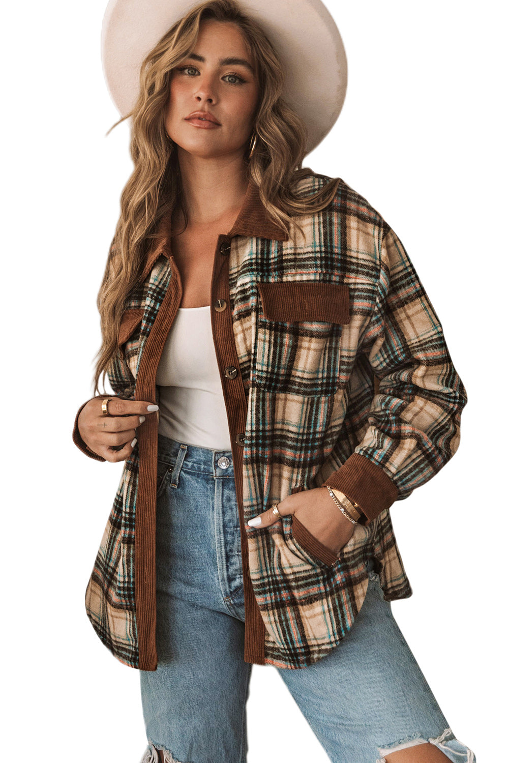 Brown Splice Corduroy Plaid Shacket