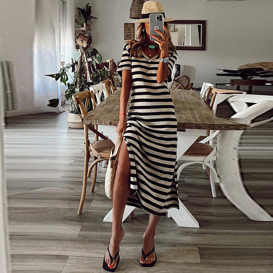 High Split Stripe Short Sleeve Slim Long Dress Women