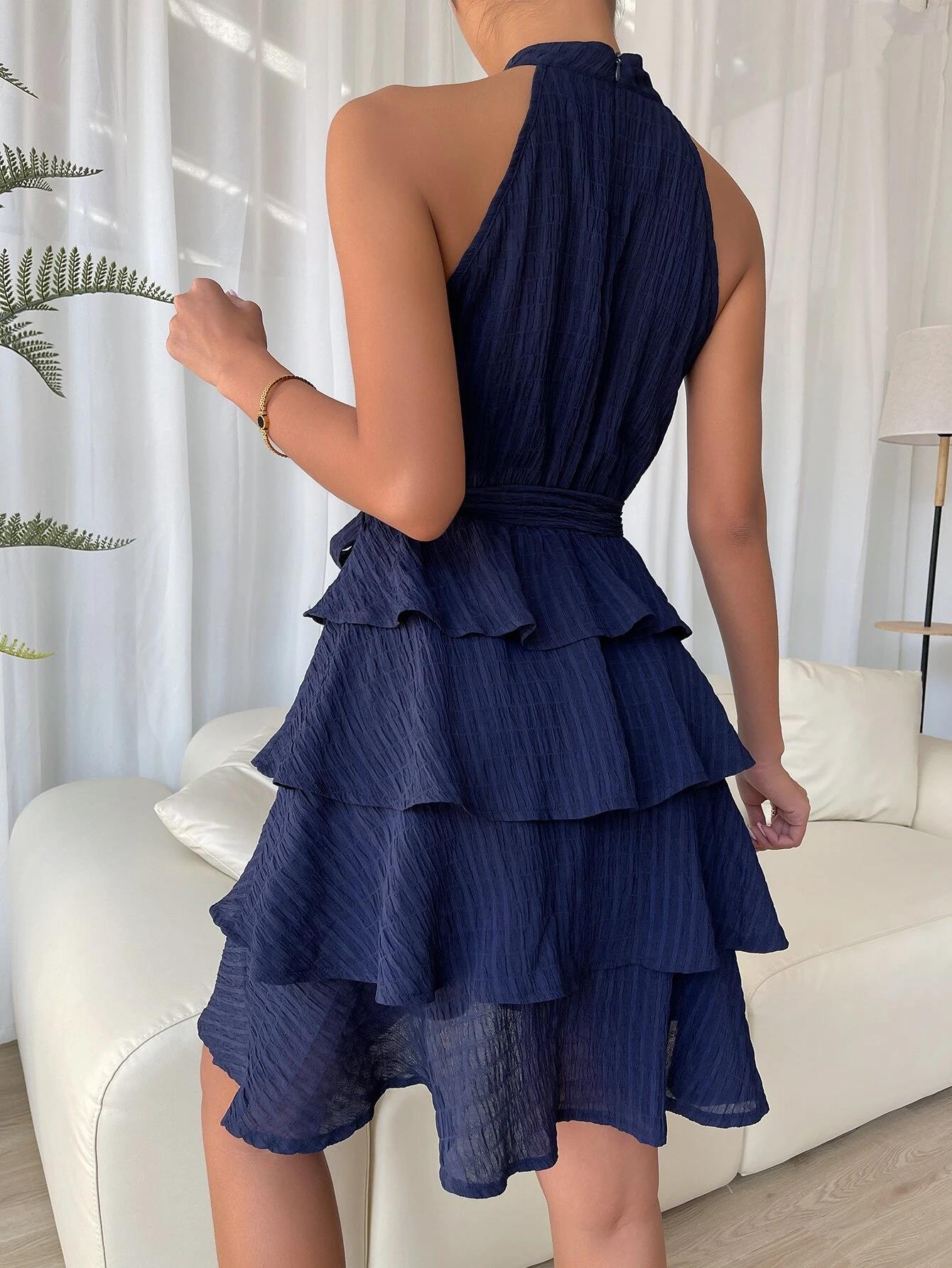 Solid Color Tiers Sleeveless Ruffled Dress