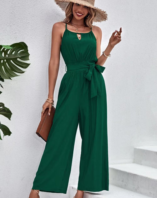 Women's jumpsuit 2023 spring vintage tight sleeveless strap cinched waist one-piece solid color cotton brand loose suspenders