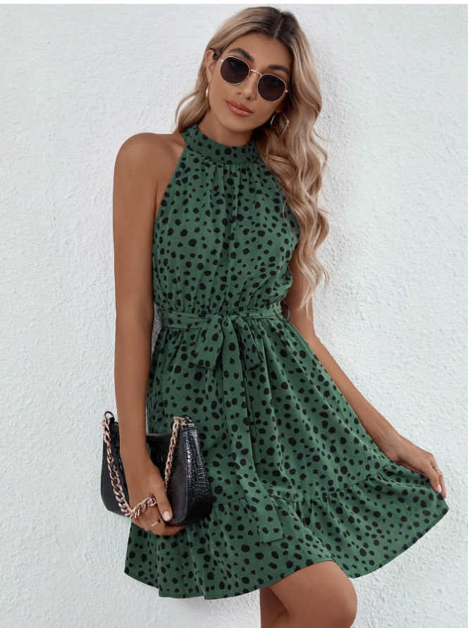 Women's Sleeveless Halter Dotted Lace Up Ruffle Dress