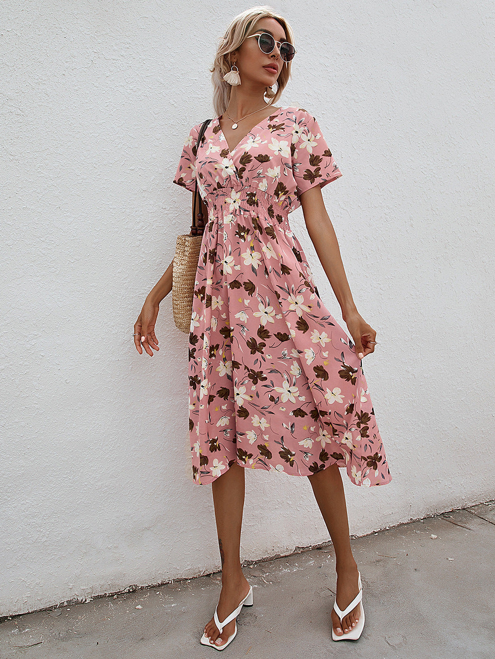 V-neck Print Flowers Short Sleeves Knee Length Summer Casual Dress