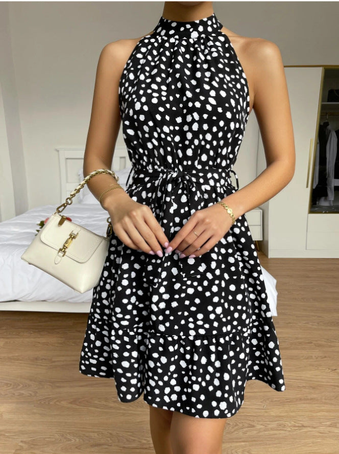 Women's Sleeveless Halter Dotted Lace Up Ruffle Dress