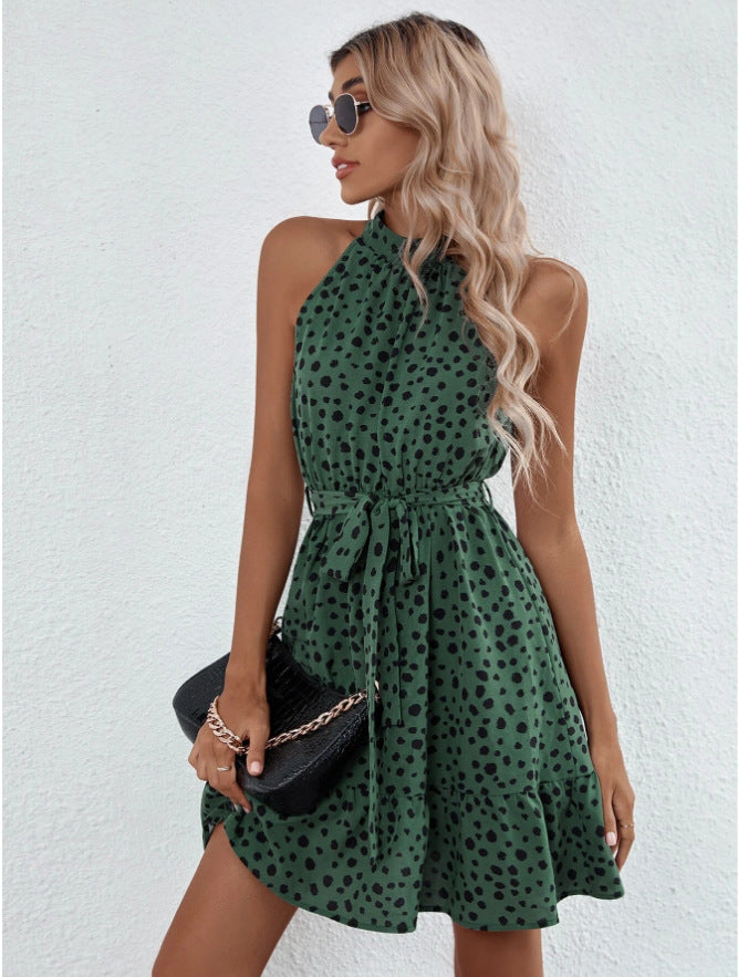 Women's Sleeveless Halter Dotted Lace Up Ruffle Dress