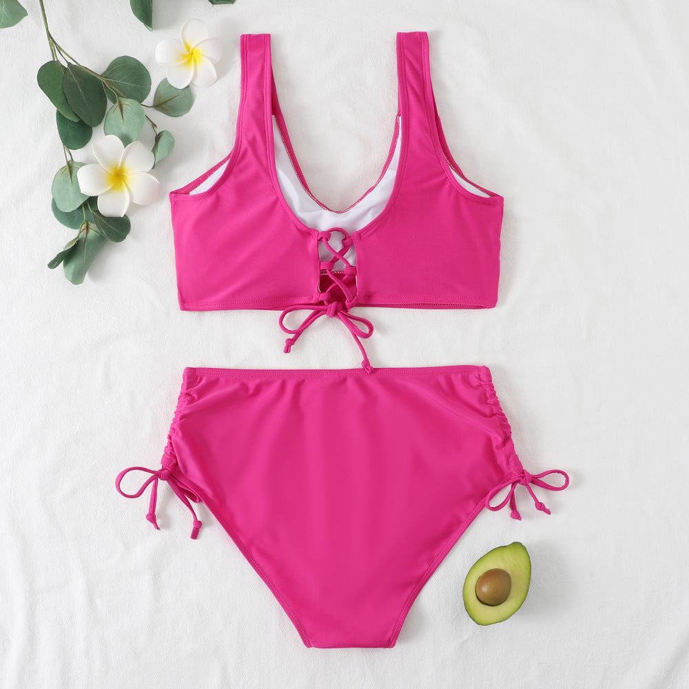 Solid Color Cross Strap High Waist Swimwear Split Bikini