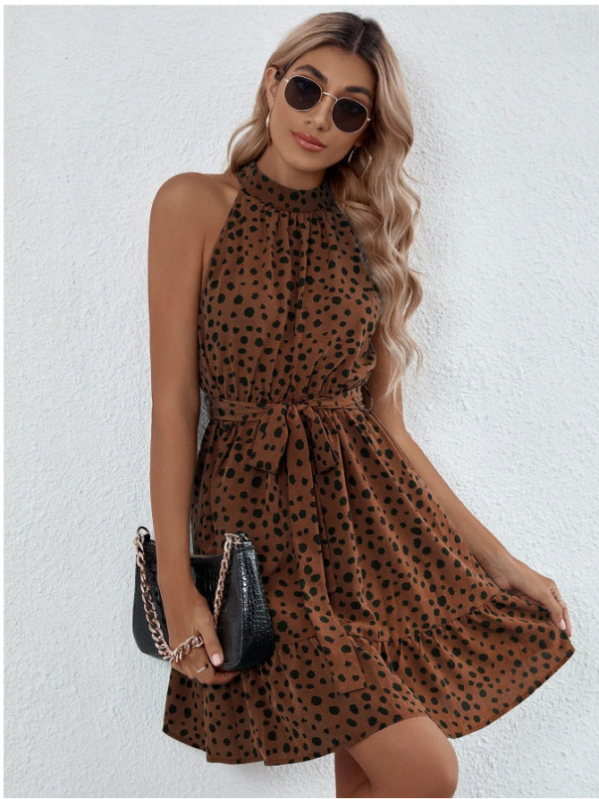 Women's Sleeveless Halter Dotted Lace Up Ruffle Dress