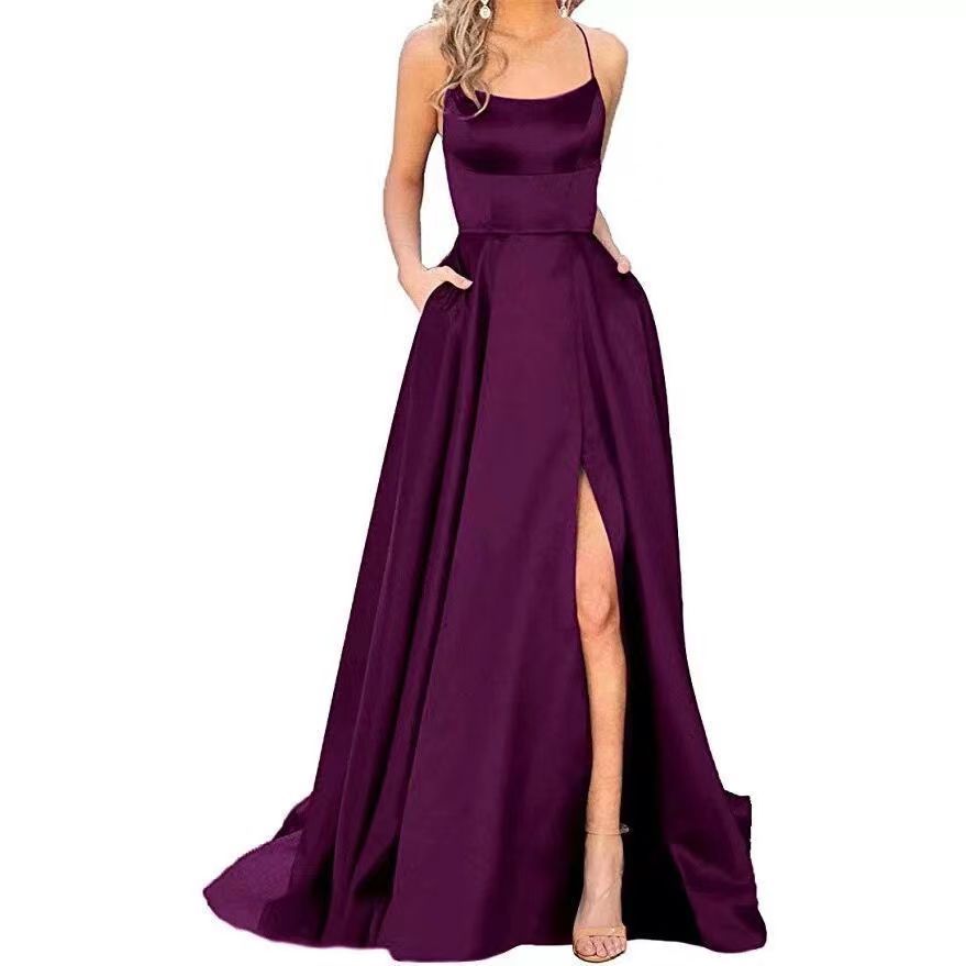 2023 Solid Color Halter High Split Bridesmaid Evening Formal Dress