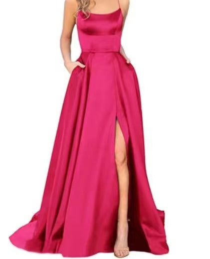 2023 Solid Color Halter High Split Bridesmaid Evening Formal Dress