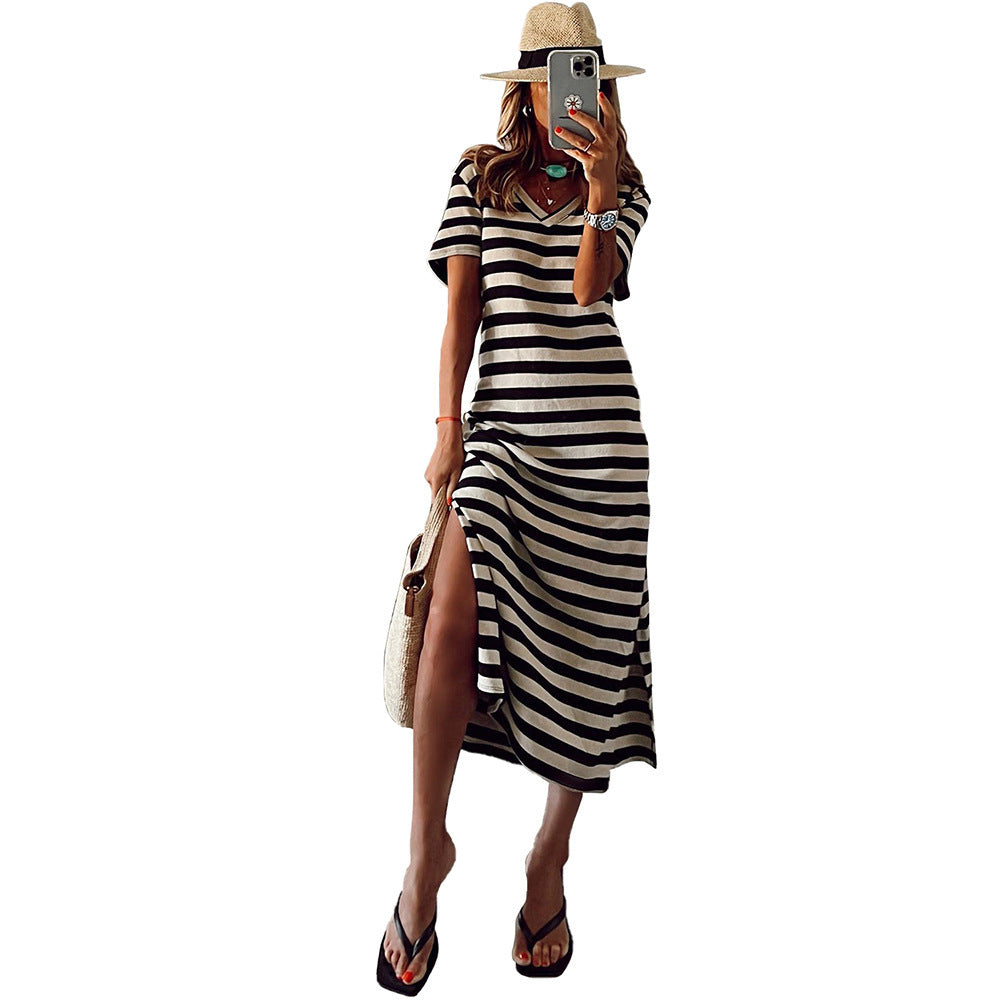 High Split Stripe Short Sleeve Slim Long Dress Women