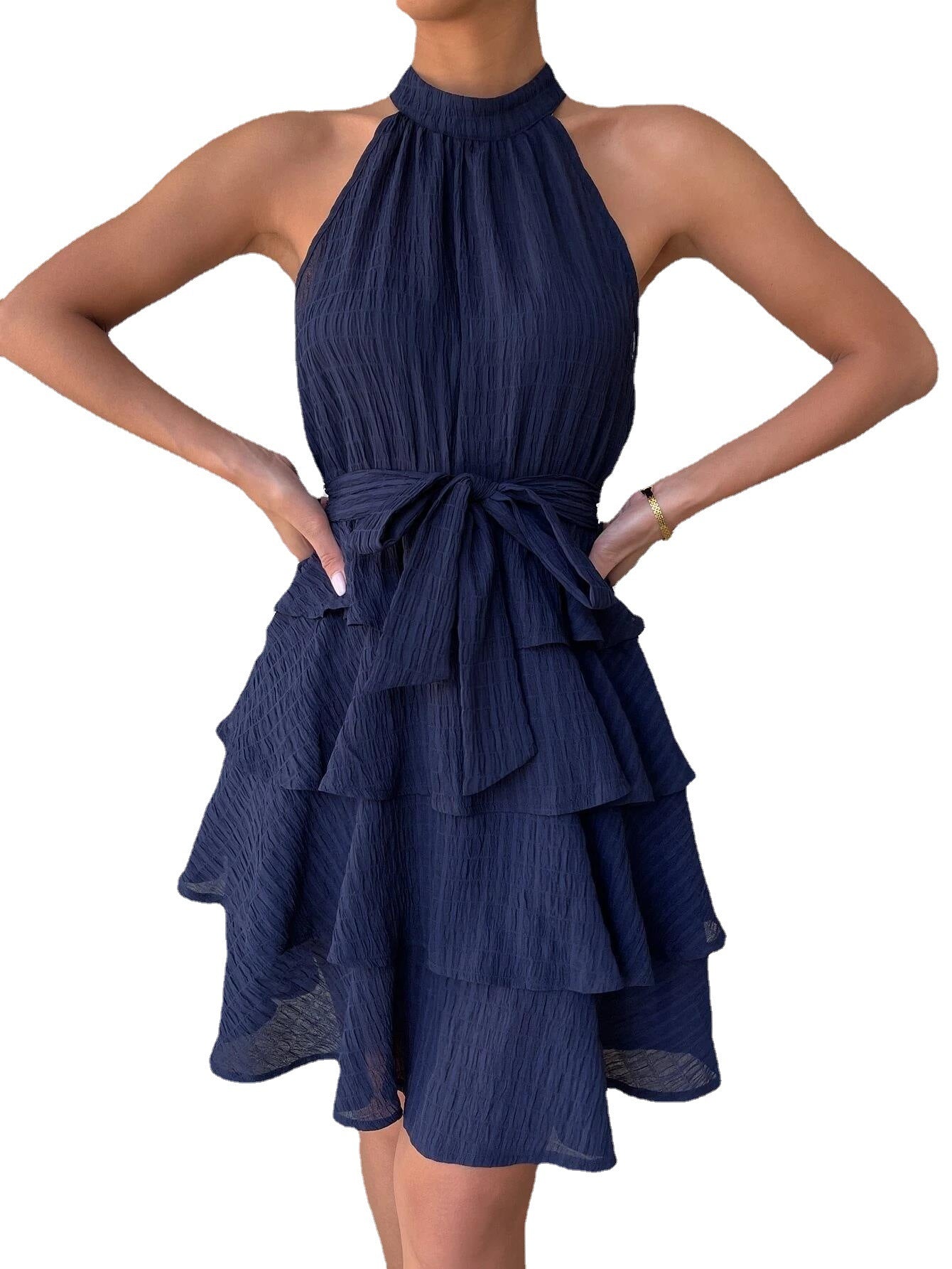 Solid Color Tiers Sleeveless Ruffled Dress