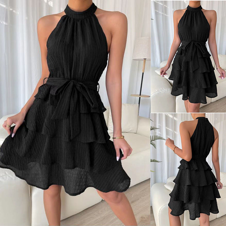 Solid Color Tiers Sleeveless Ruffled Dress