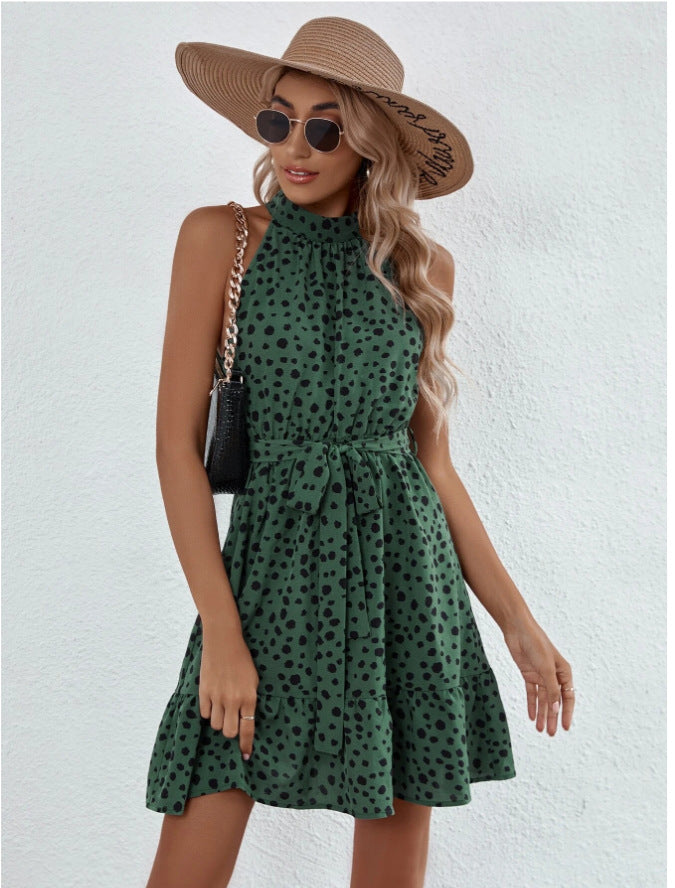 Women's Sleeveless Halter Dotted Lace Up Ruffle Dress