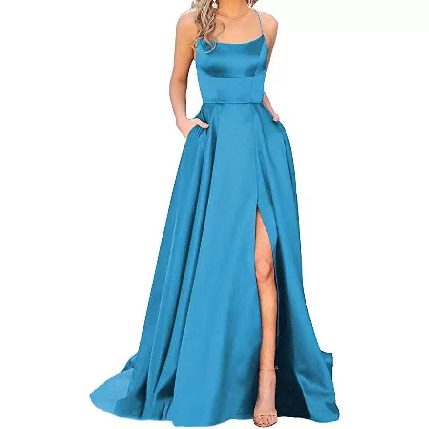 2023 Solid Color Halter High Split Bridesmaid Evening Formal Dress