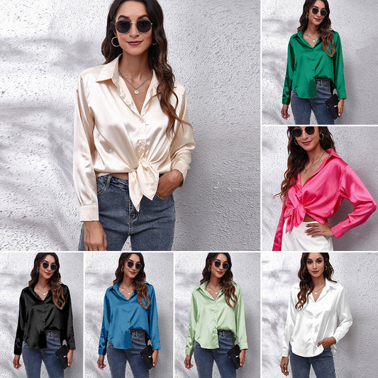 Simple Basic Solid Color Satin Long Sleeves Shirt