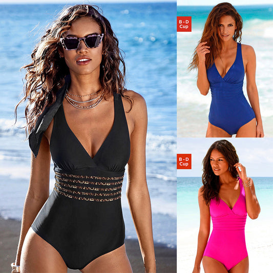 Solid Color Multi-rope Cross-back One-piece Swimsuit