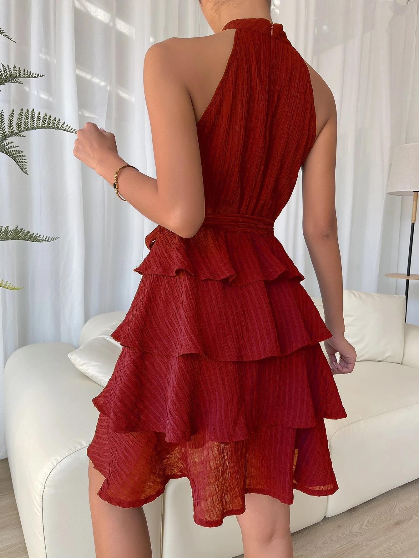 Solid Color Tiers Sleeveless Ruffled Dress