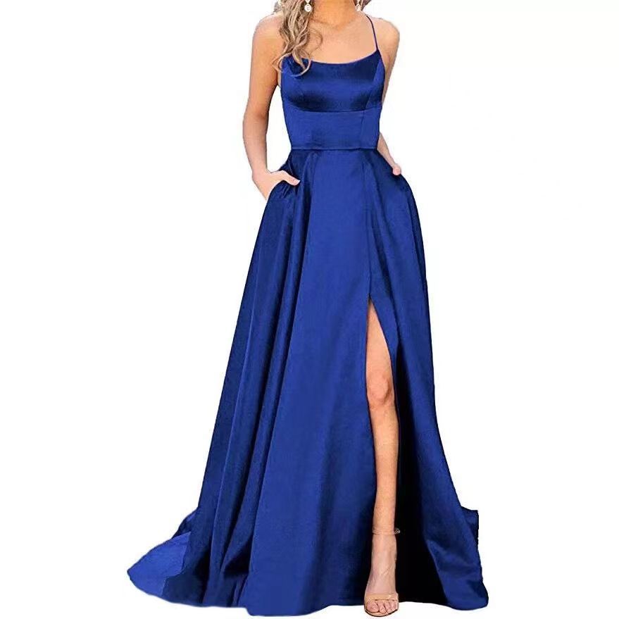 2023 Solid Color Halter High Split Bridesmaid Evening Formal Dress