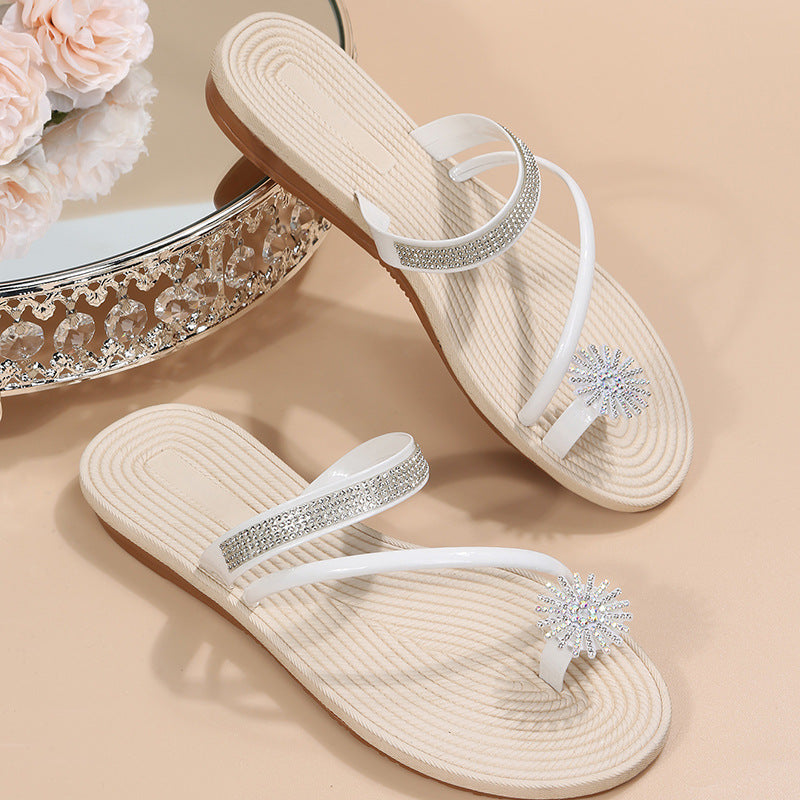 Plus Size Rhinestone Flower Flat Slippers