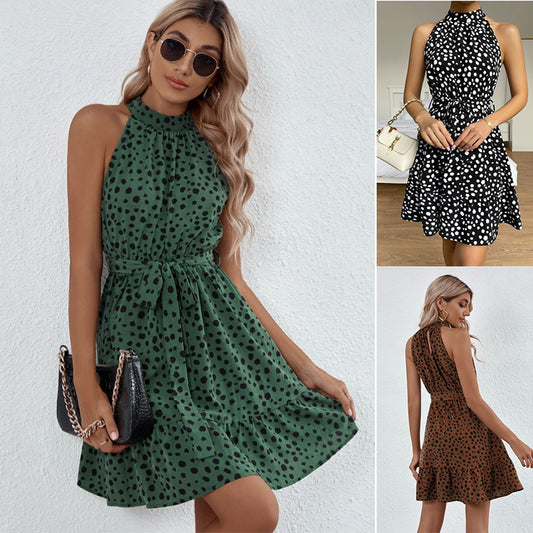 Women's Sleeveless Halter Dotted Lace Up Ruffle Dress