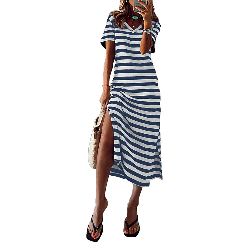 High Split Stripe Short Sleeve Slim Long Dress Women